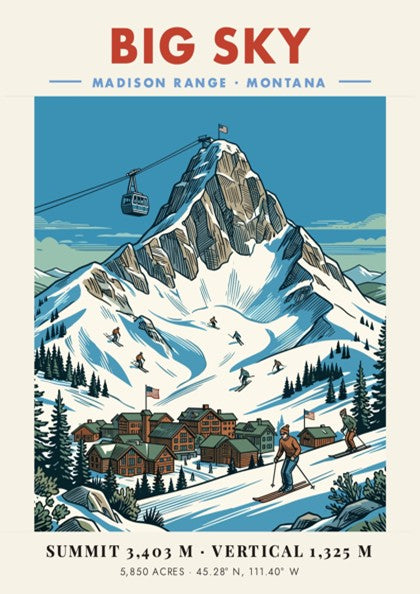 Poster of Big Sky Montana with a snowy mountain peak and ski resort village