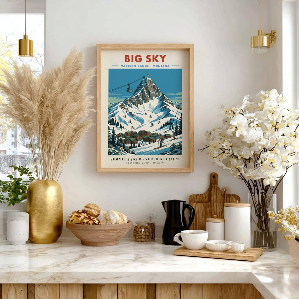 Poster of Big Sky Montana with a snowy mountain peak and ski resort village