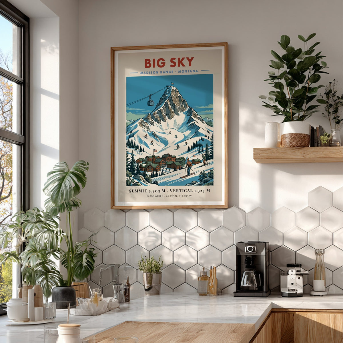 Poster of Big Sky Montana with a snowy mountain peak and ski resort village