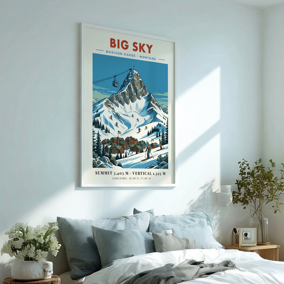Poster of Big Sky Montana with a snowy mountain peak and ski resort village