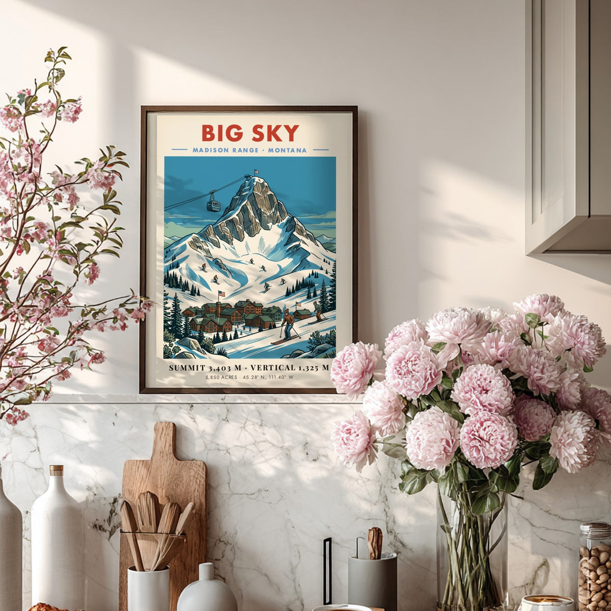 Poster of Big Sky Montana with a snowy mountain peak and ski resort village