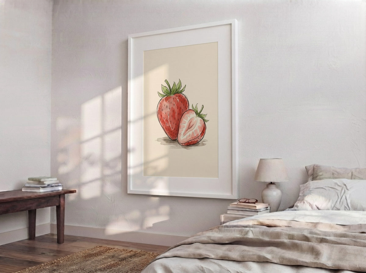 Strawberry botanical poster featuring a whole and sliced berry in soft watercolour style