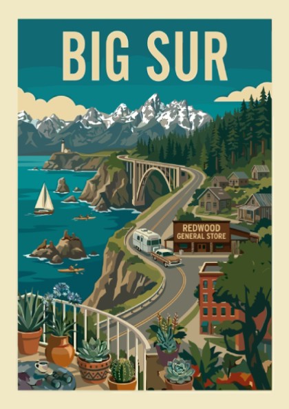 Retro illustration poster of Big Sur, California coast with Bixby Bridge, ocean, and mountains.