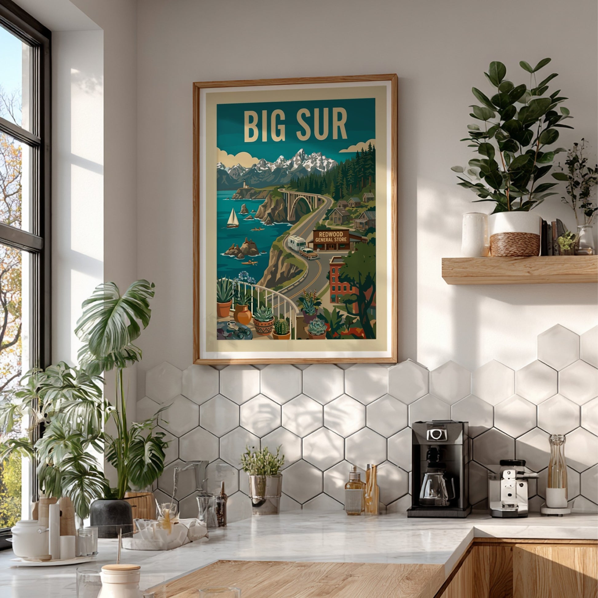 Retro illustration poster of Big Sur, California coast with Bixby Bridge, ocean, and mountains.