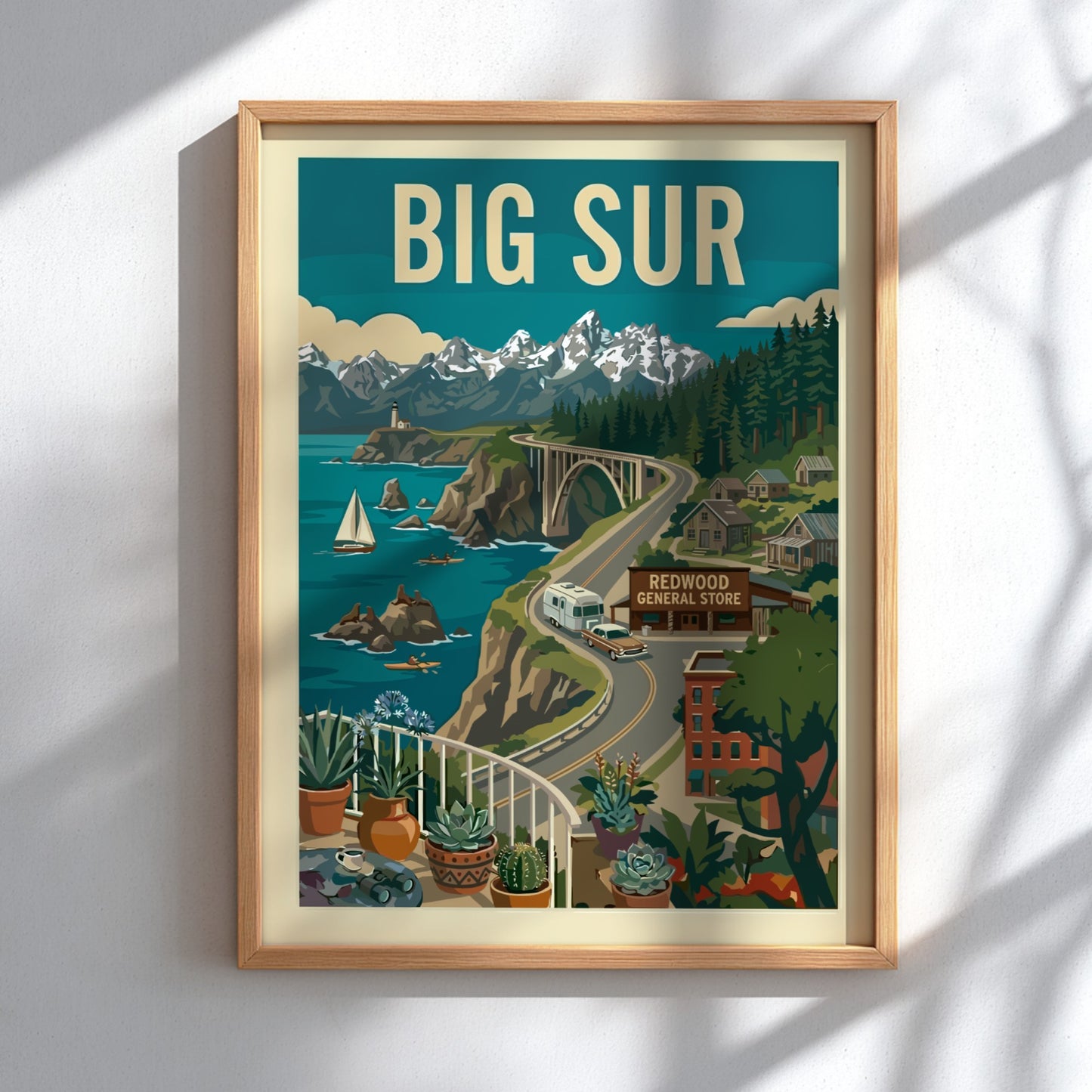Retro illustration poster of Big Sur, California coast with Bixby Bridge, ocean, and mountains.