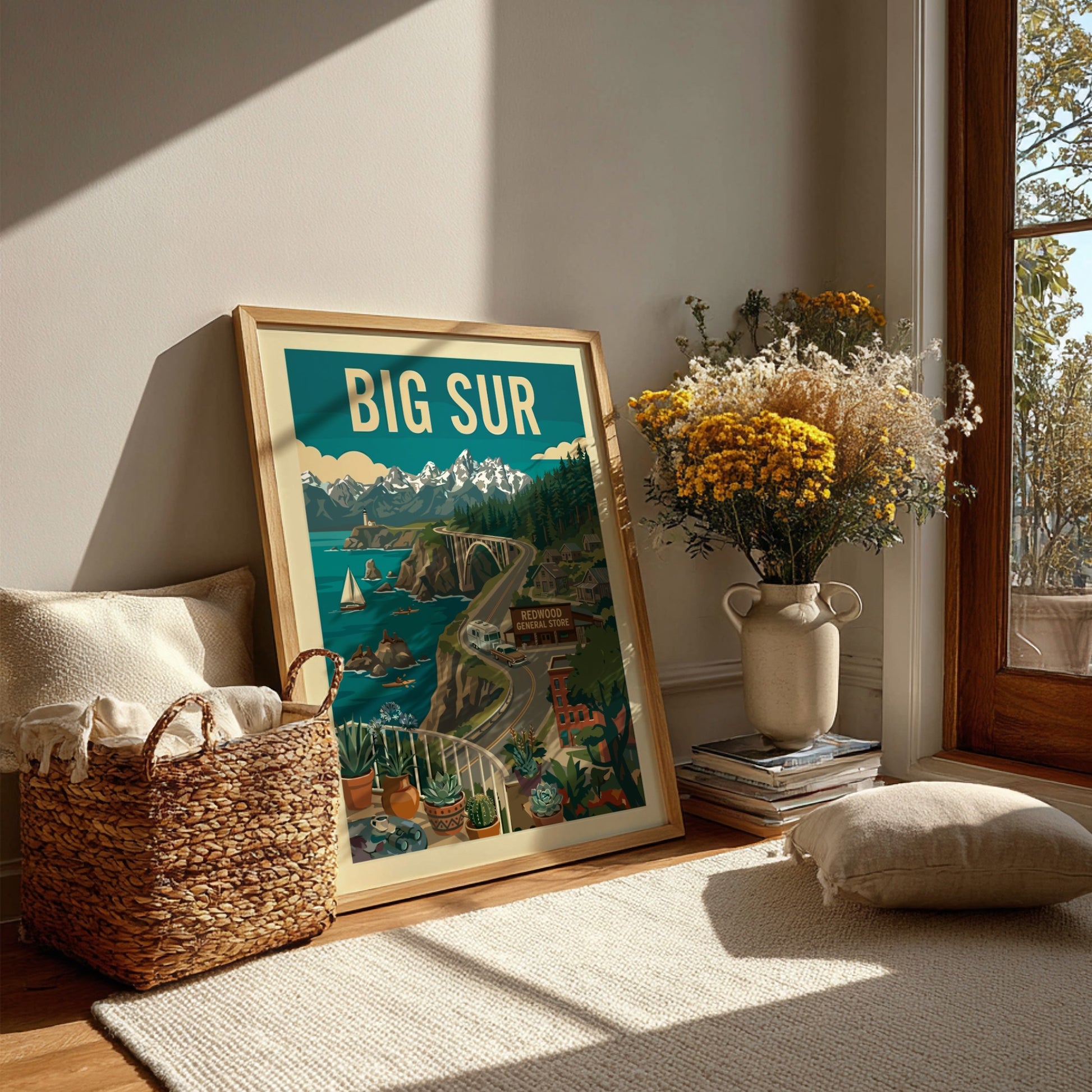 Retro illustration poster of Big Sur, California coast with Bixby Bridge, ocean, and mountains.