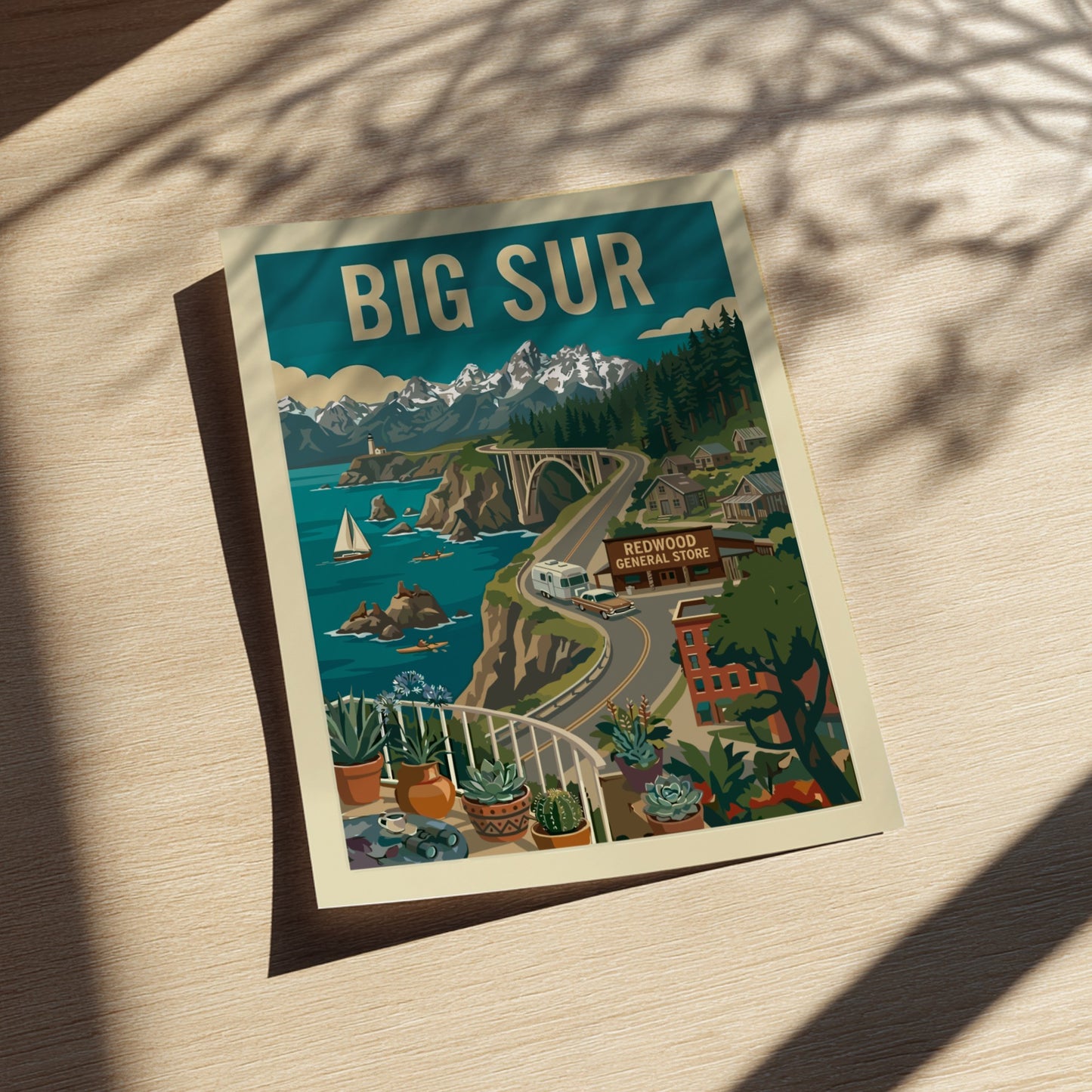 Retro illustration poster of Big Sur, California coast with Bixby Bridge, ocean, and mountains.