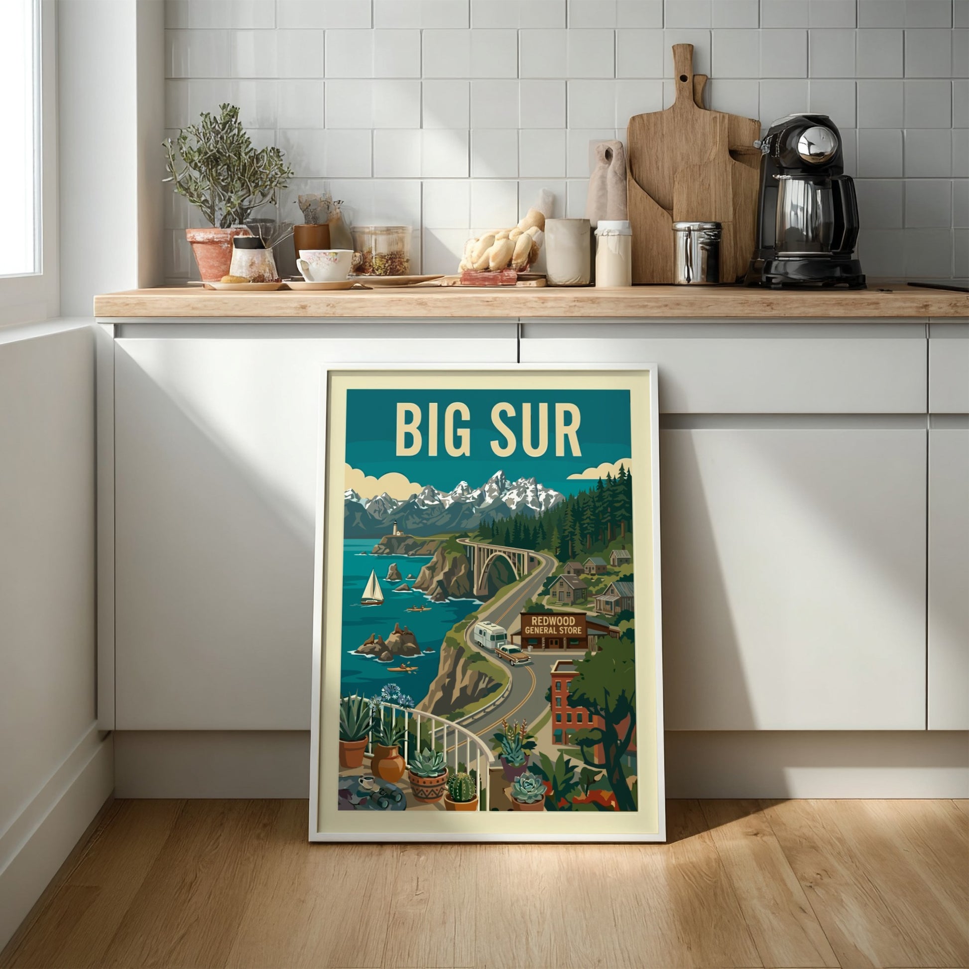 Retro illustration poster of Big Sur, California coast with Bixby Bridge, ocean, and mountains.