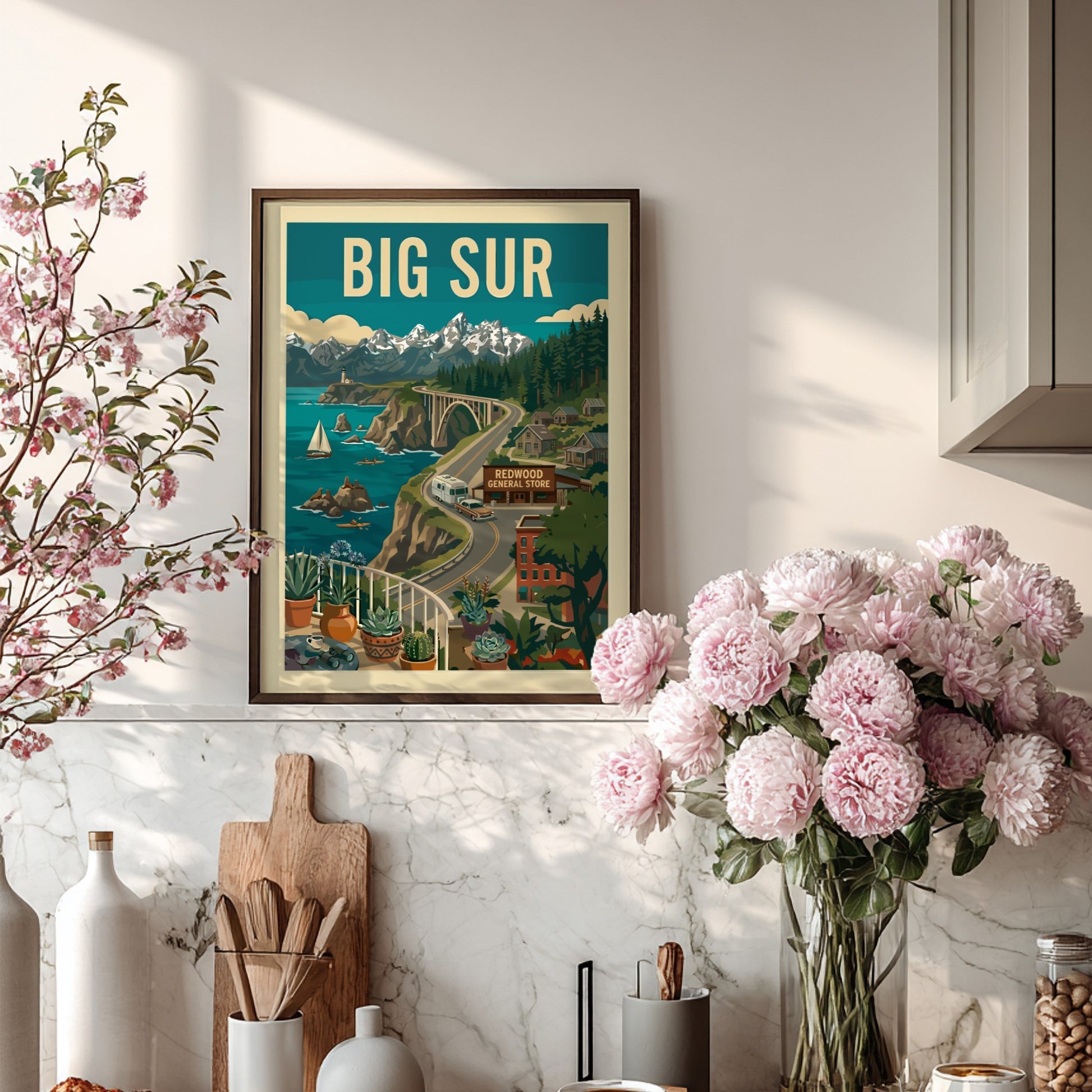 Retro illustration poster of Big Sur, California coast with Bixby Bridge, ocean, and mountains.