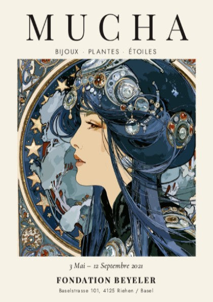 Alphonse Mucha poster featuring Bijoux Plantes Étoiles design with intricate details and soft colors