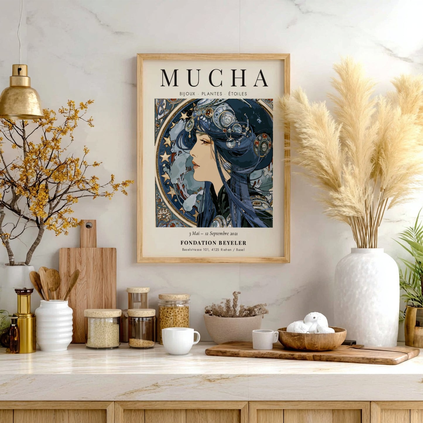 Alphonse Mucha poster featuring Bijoux Plantes Étoiles design with intricate details and soft colors