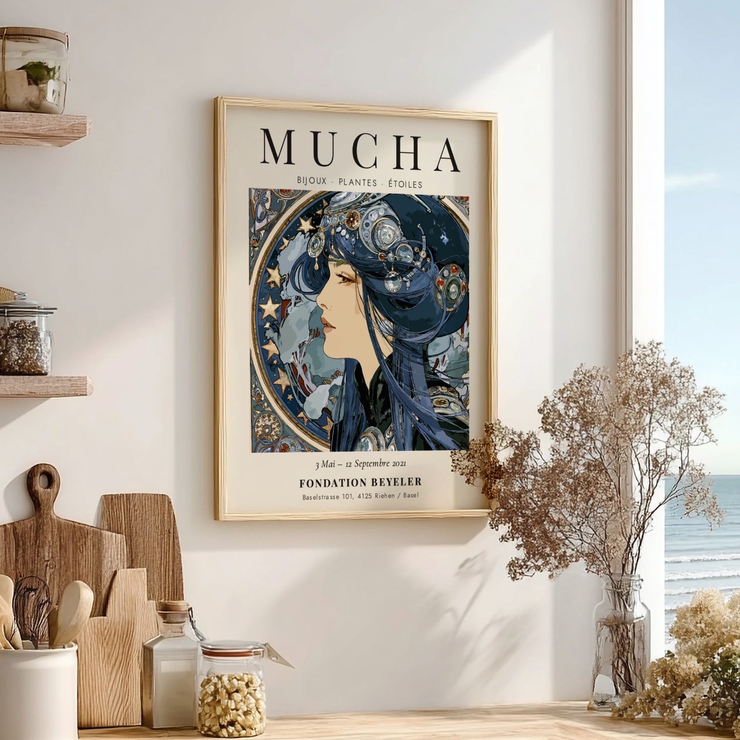 Alphonse Mucha poster featuring Bijoux Plantes Étoiles design with intricate details and soft colors