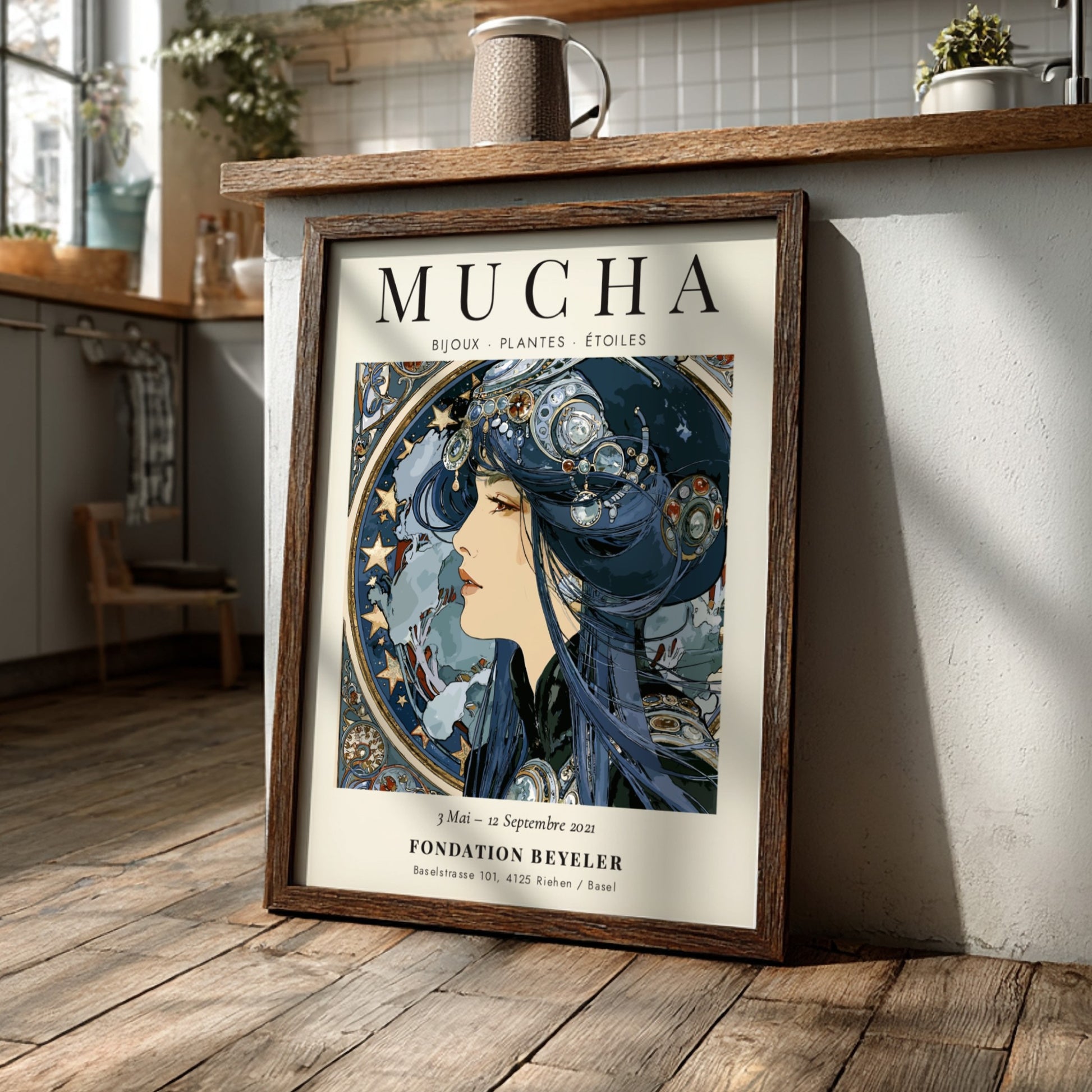 Alphonse Mucha poster featuring Bijoux Plantes Étoiles design with intricate details and soft colors