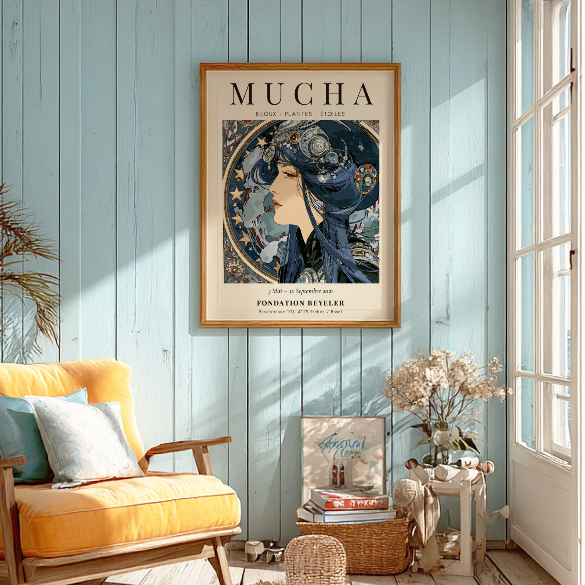 Alphonse Mucha poster featuring Bijoux Plantes Étoiles design with intricate details and soft colors