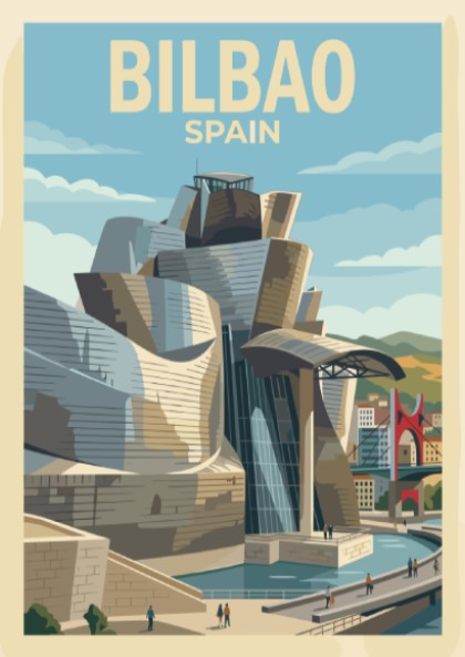 Travel poster of Bilbao Spain featuring the Guggenheim museum with iconic metallic curves.