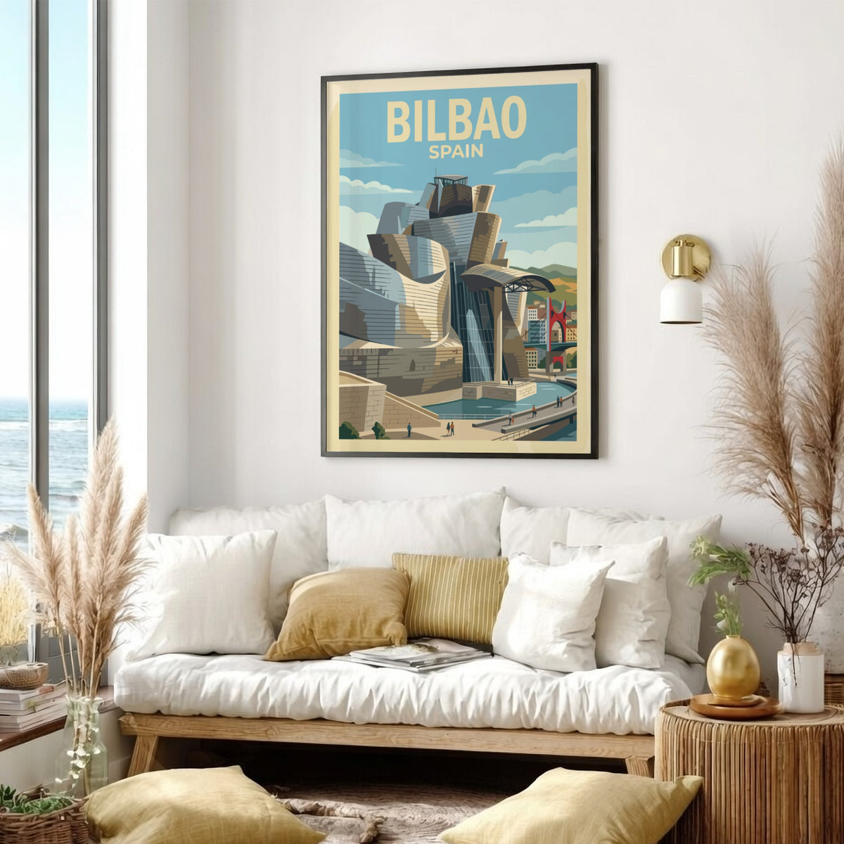 Travel poster of Bilbao Spain featuring the Guggenheim museum with iconic metallic curves.