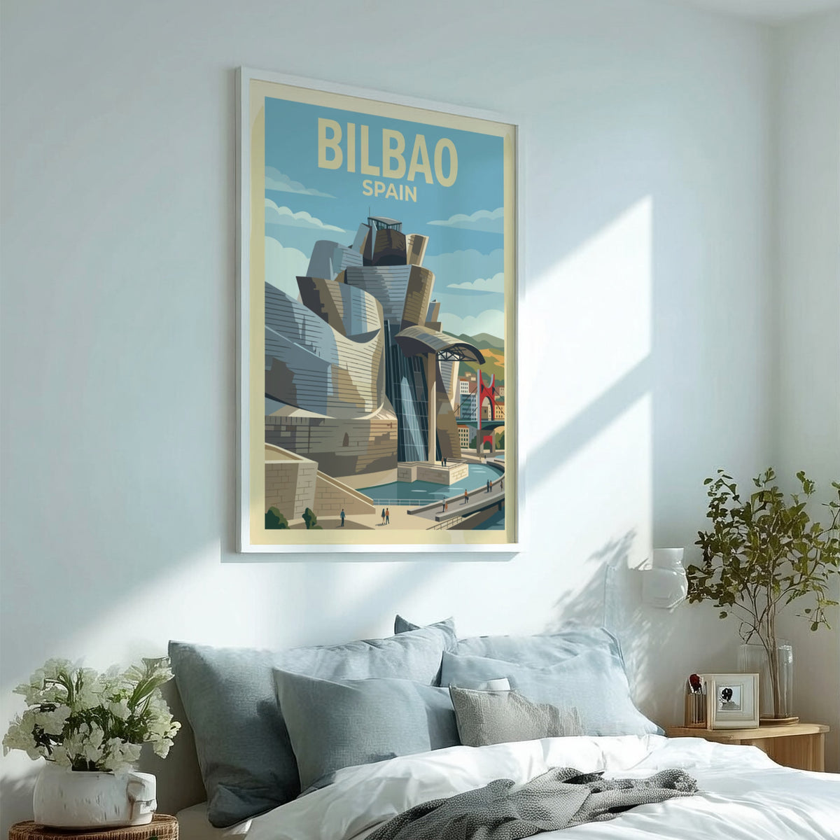 Travel poster of Bilbao Spain featuring the Guggenheim museum with iconic metallic curves.