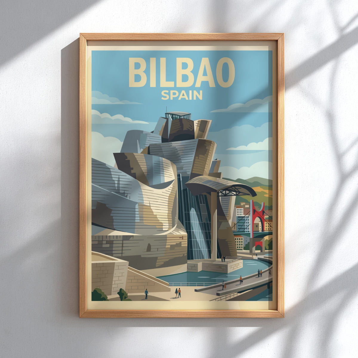 Travel poster of Bilbao Spain featuring the Guggenheim museum with iconic metallic curves.