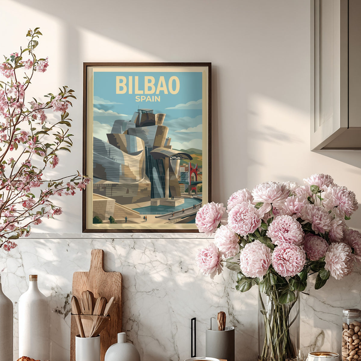 Travel poster of Bilbao Spain featuring the Guggenheim museum with iconic metallic curves.