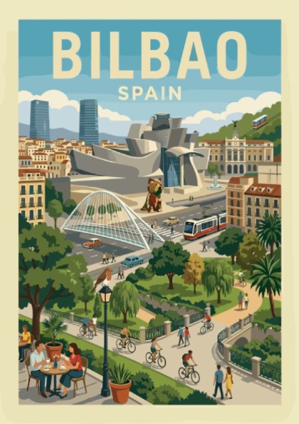 Bilbao Spain travel poster art featuring the Guggenheim Museum and cityscape in a vintage style.