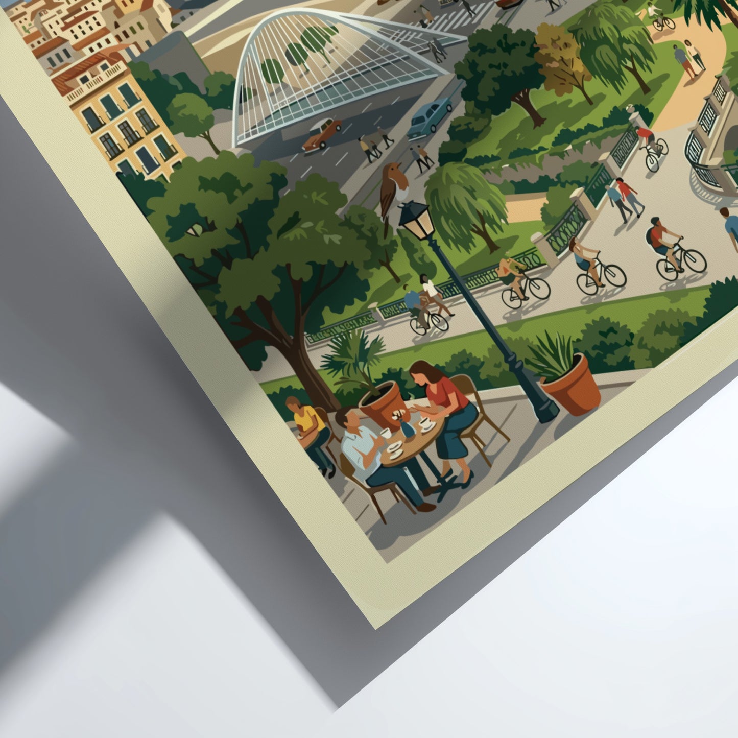 Bilbao Spain travel poster art featuring the Guggenheim Museum and cityscape in a vintage style.