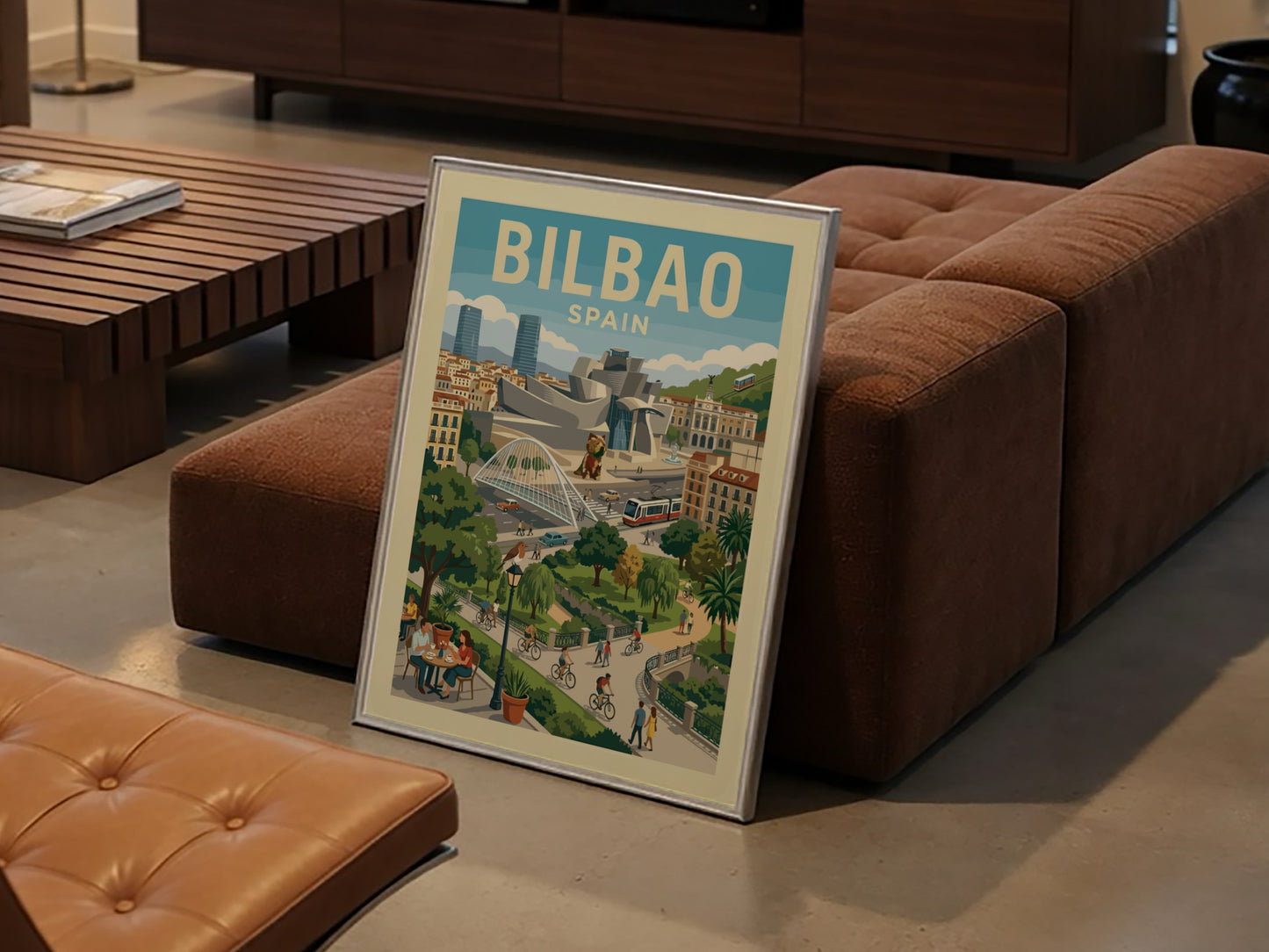 Bilbao Spain travel poster art featuring the Guggenheim Museum and cityscape in a vintage style.