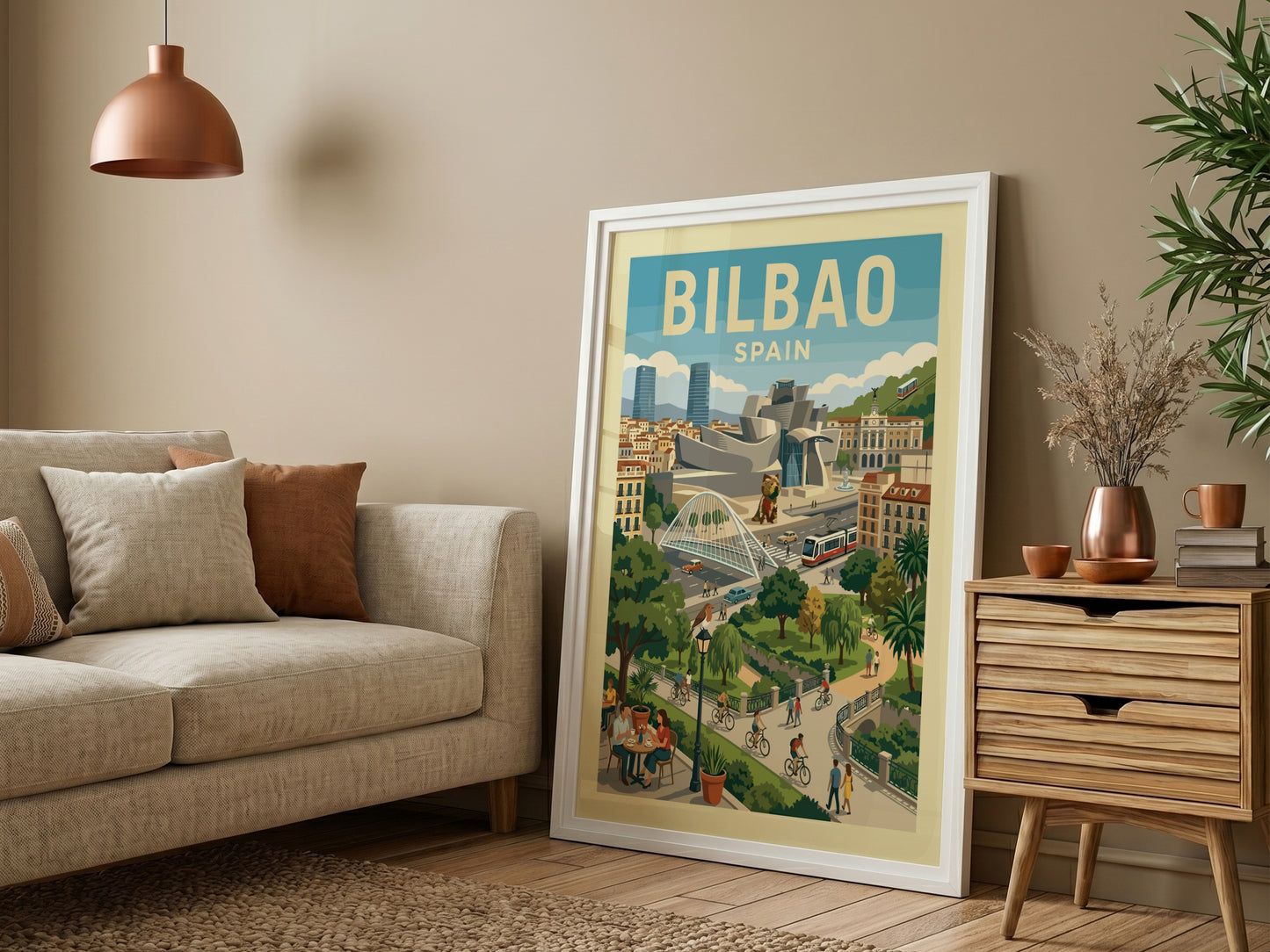 Bilbao Spain travel poster art featuring the Guggenheim Museum and cityscape in a vintage style.