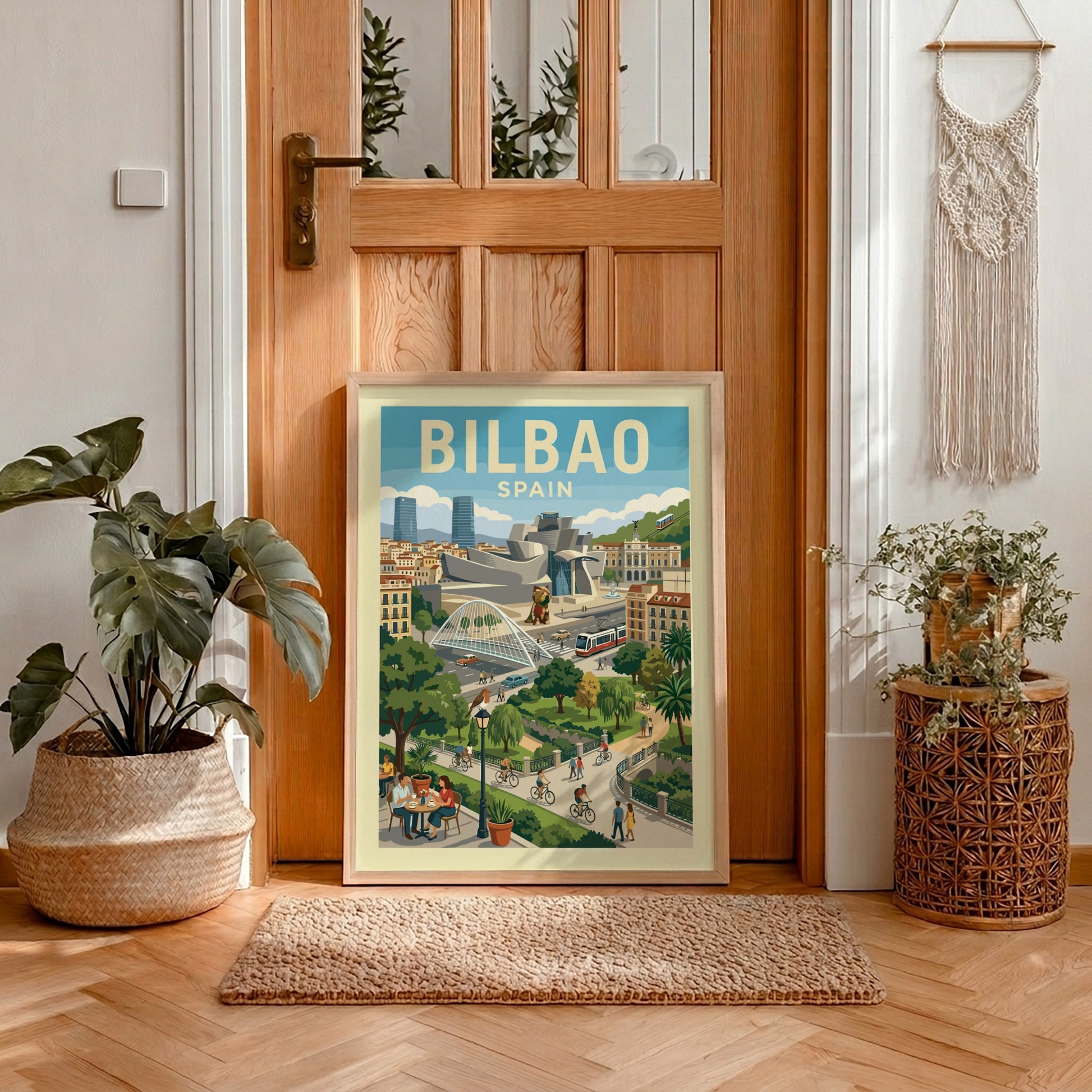 Bilbao Spain travel poster art featuring the Guggenheim Museum and cityscape in a vintage style.