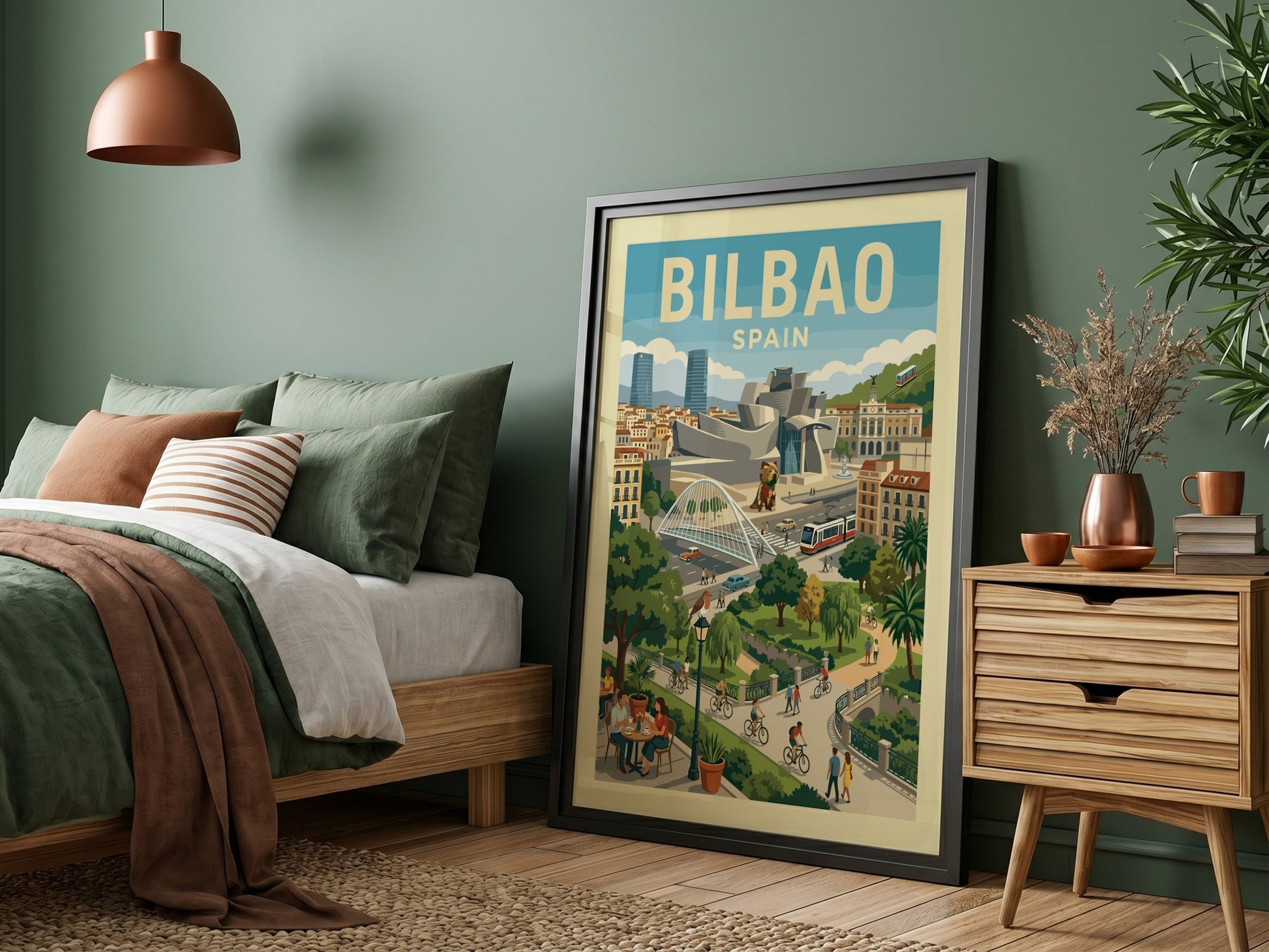 Bilbao Spain travel poster art featuring the Guggenheim Museum and cityscape in a vintage style.