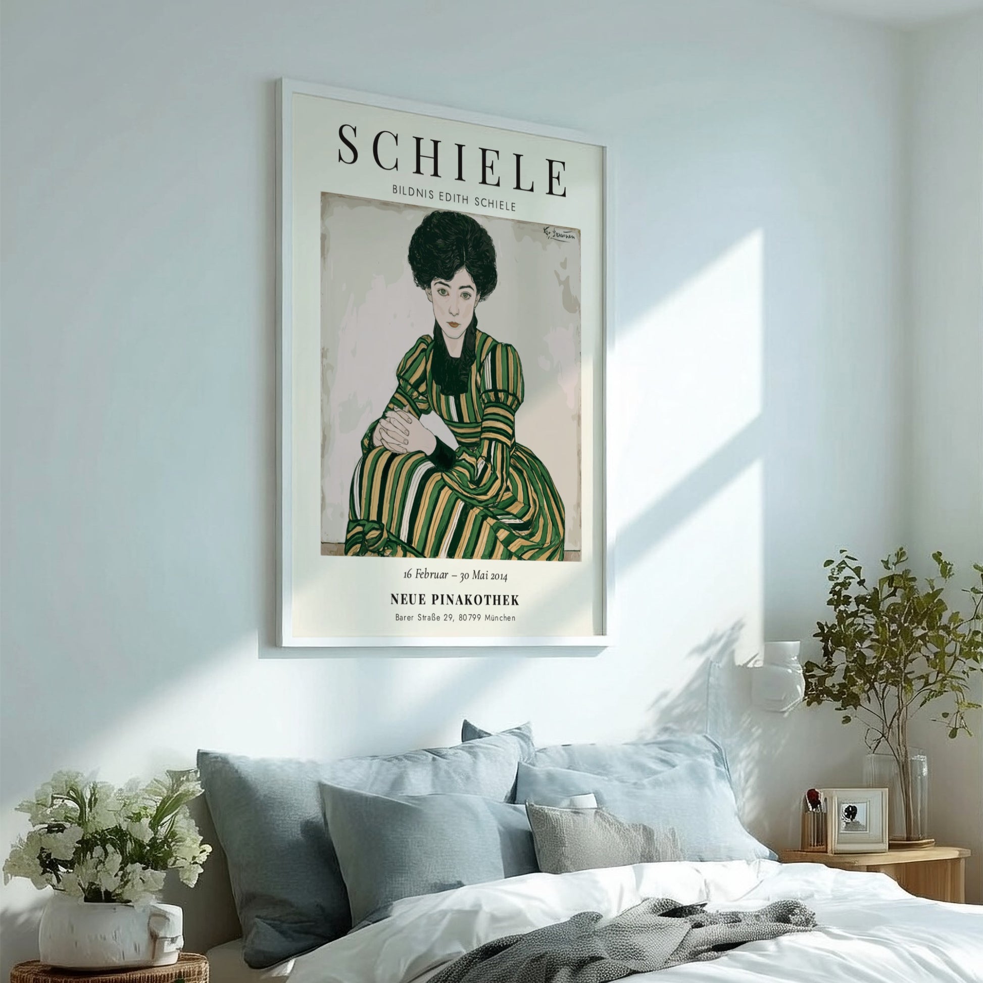Egon Schiele exhibition poster featuring Bildnis Edith Schiele with bold lines and expressive colors
