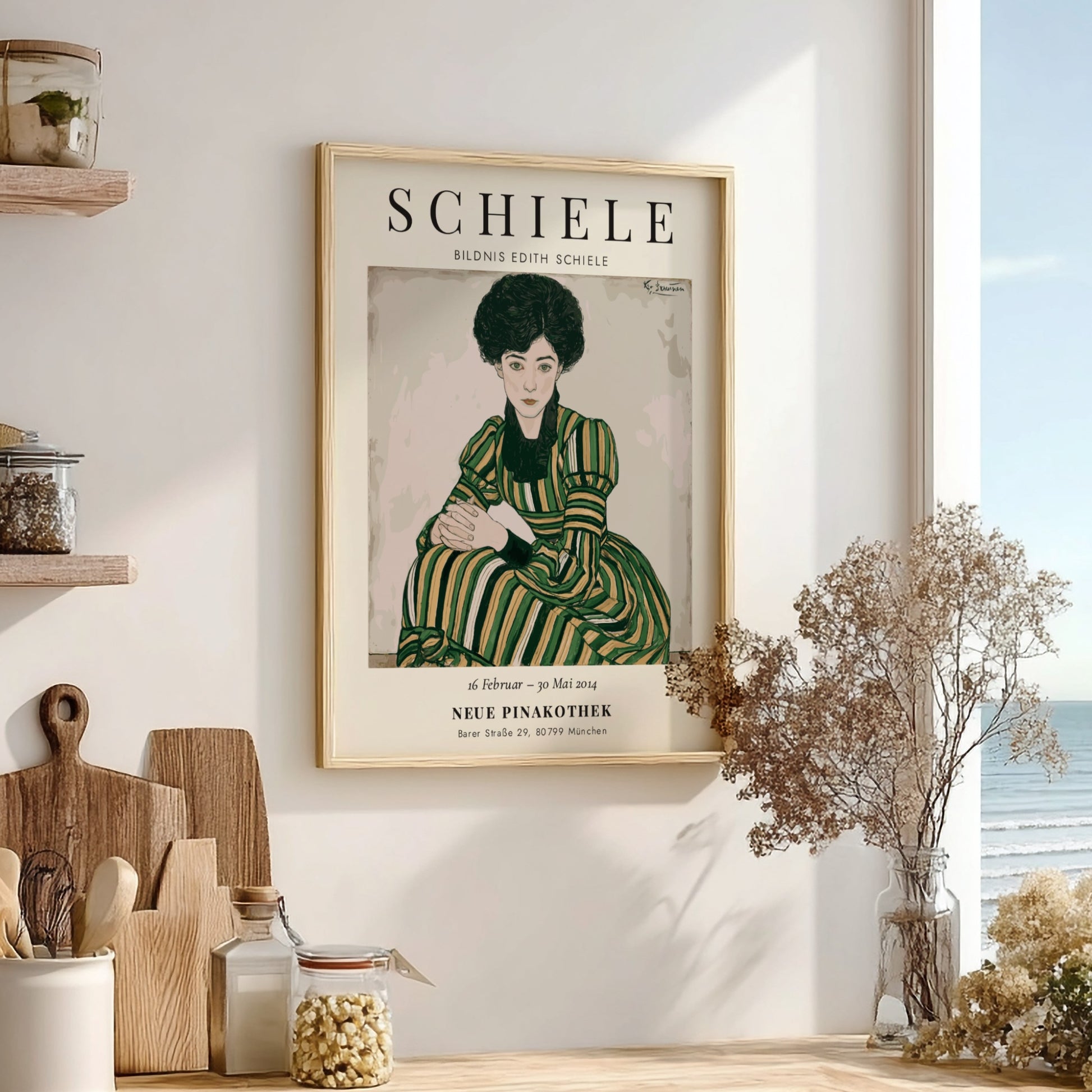 Egon Schiele exhibition poster featuring Bildnis Edith Schiele with bold lines and expressive colors