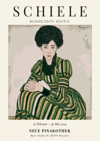 Egon Schiele exhibition poster featuring Bildnis Edith Schiele with bold lines and expressive colors