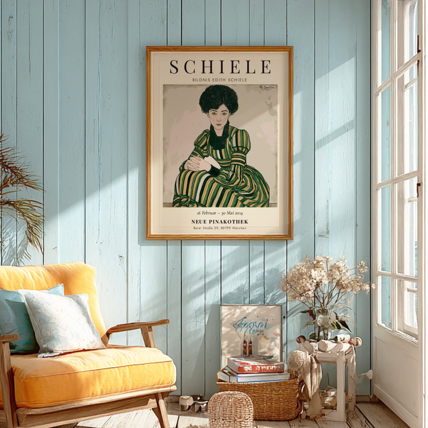 Egon Schiele exhibition poster featuring Bildnis Edith Schiele with bold lines and expressive colors