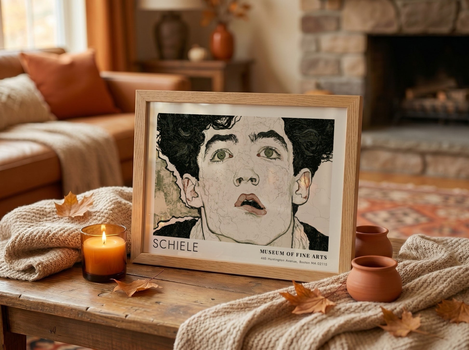 Wall art poster of an Egon Schiele portrait with dark hair and intense eyes.