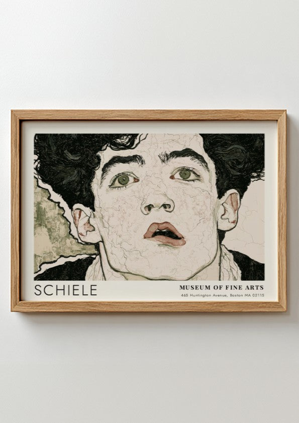 Wall art poster of an Egon Schiele portrait with dark hair and intense eyes.