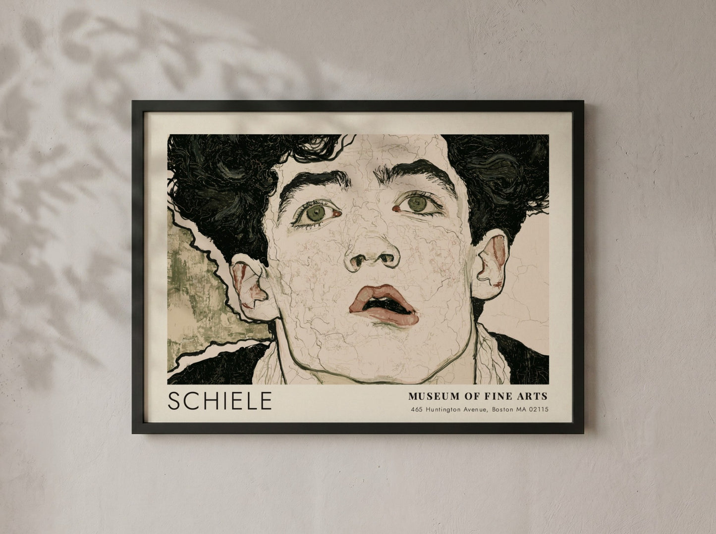 Wall art poster of an Egon Schiele portrait with dark hair and intense eyes.