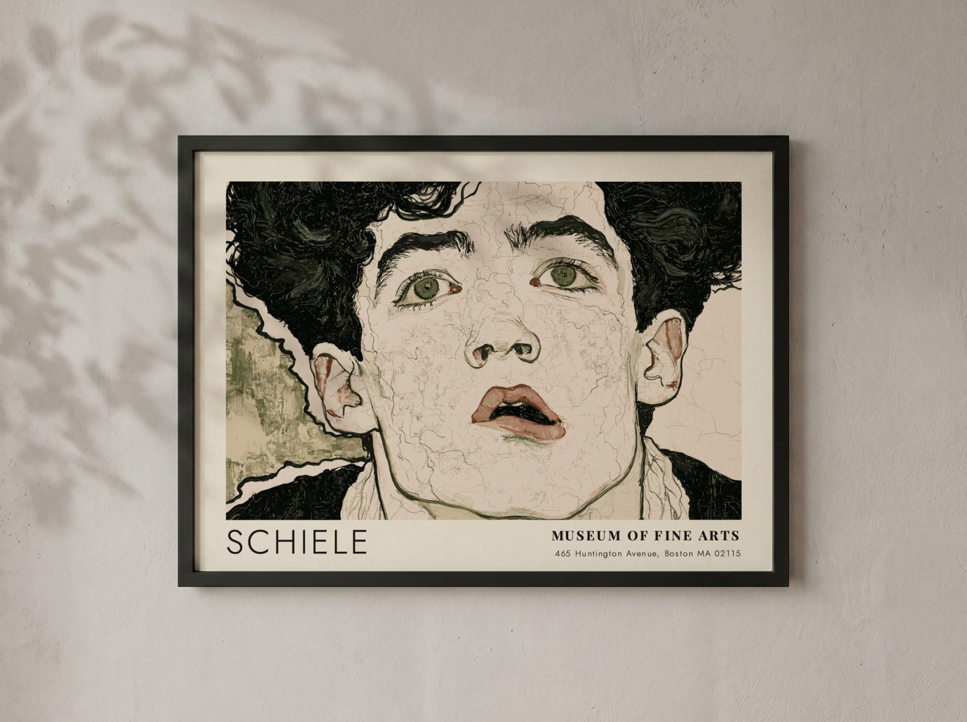 Wall art poster of an Egon Schiele portrait with dark hair and intense eyes.