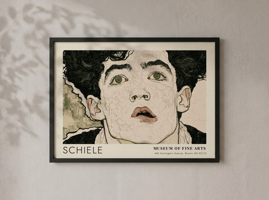 Wall art poster of an Egon Schiele portrait with dark hair and intense eyes.