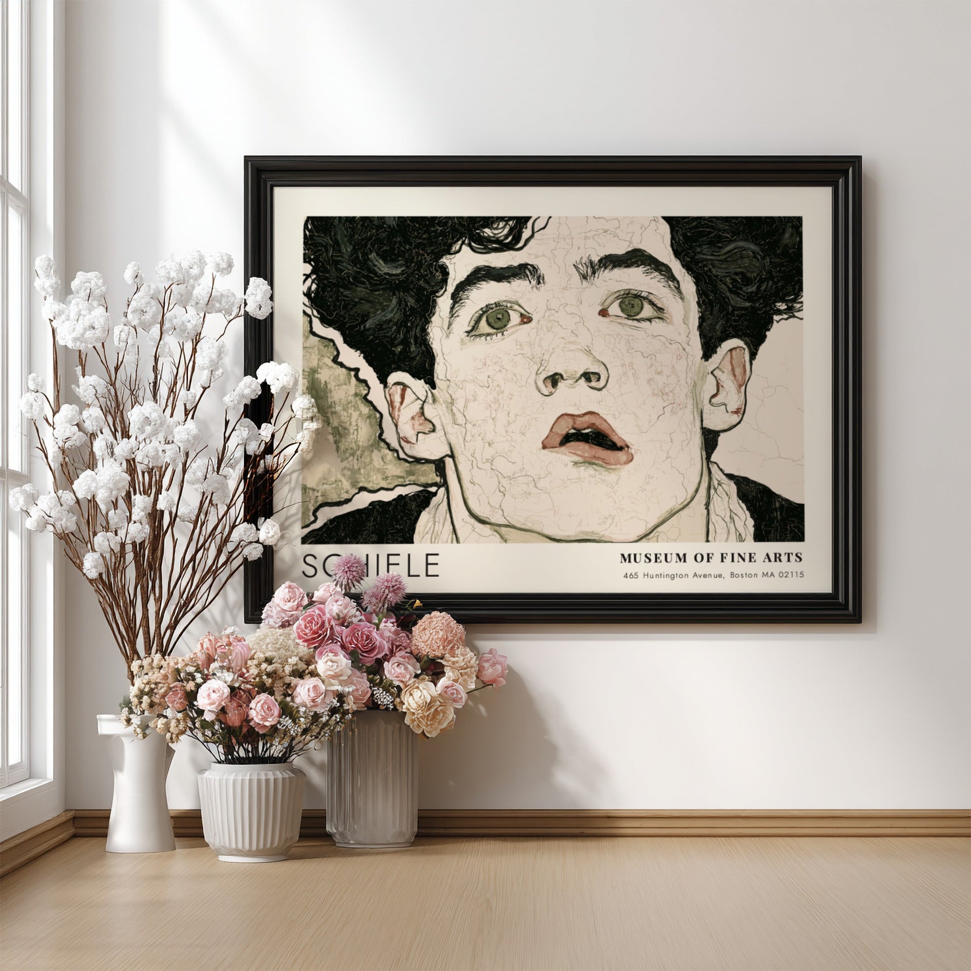 Wall art poster of an Egon Schiele portrait with dark hair and intense eyes.