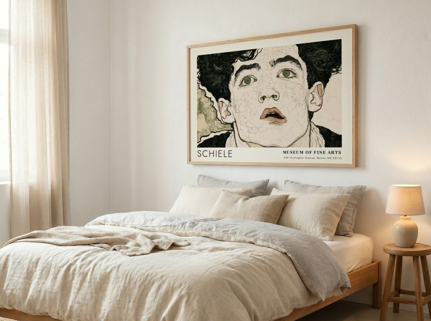 Wall art poster of an Egon Schiele portrait with dark hair and intense eyes.