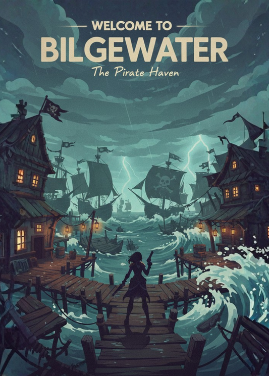 Illustration of a pirate haven named Bilgewater with ships and a dock.