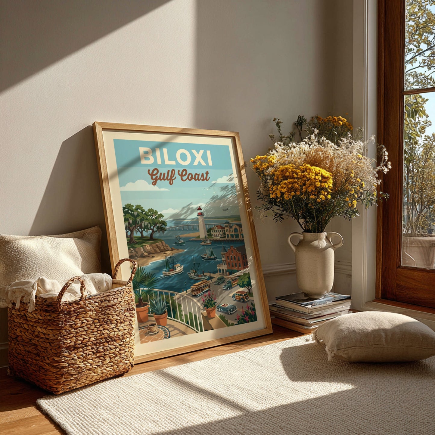 Vintage Biloxi Gulf Coast travel poster featuring a lighthouse, boats, and coastal town in a retro style.