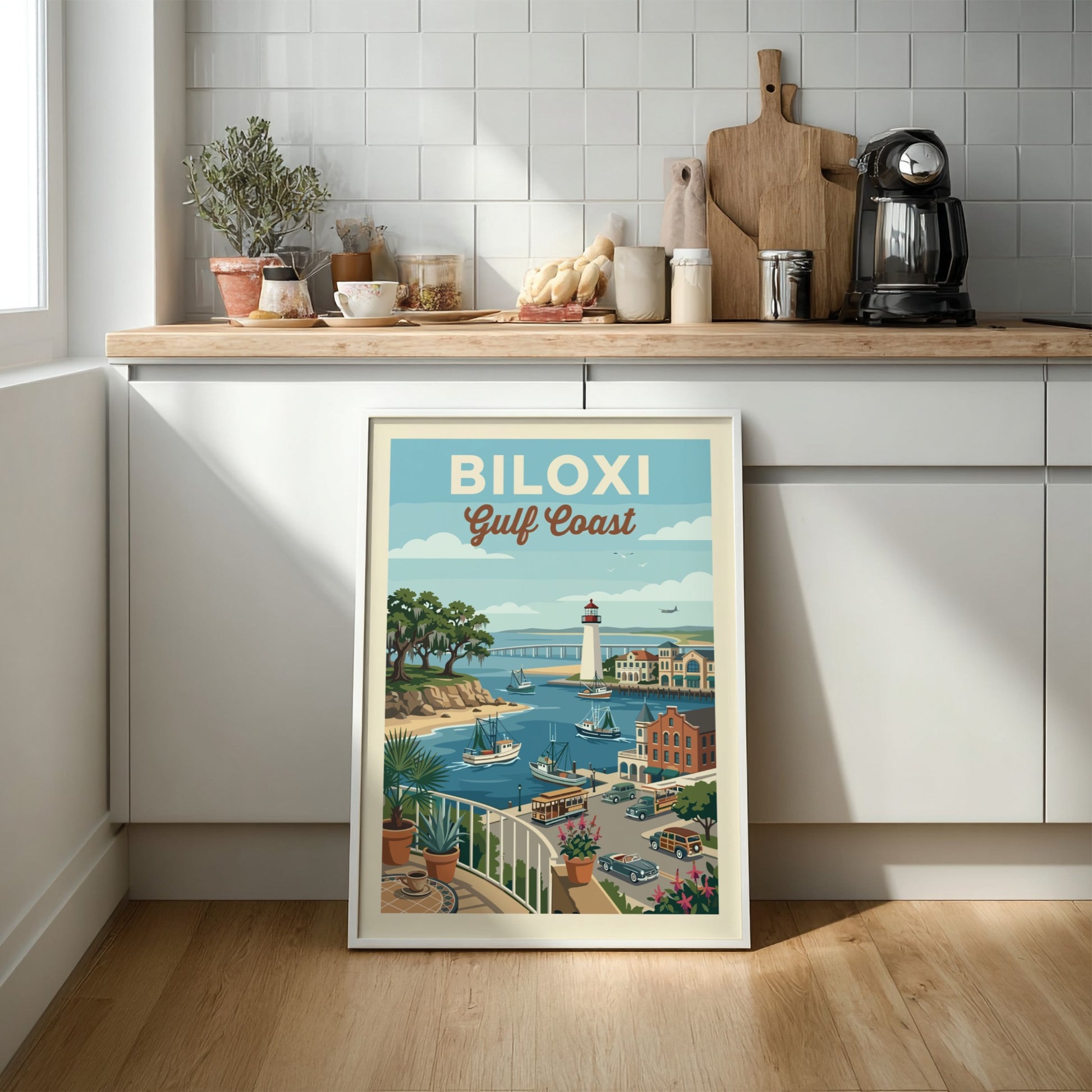 Vintage Biloxi Gulf Coast travel poster featuring a lighthouse, boats, and coastal town in a retro style.