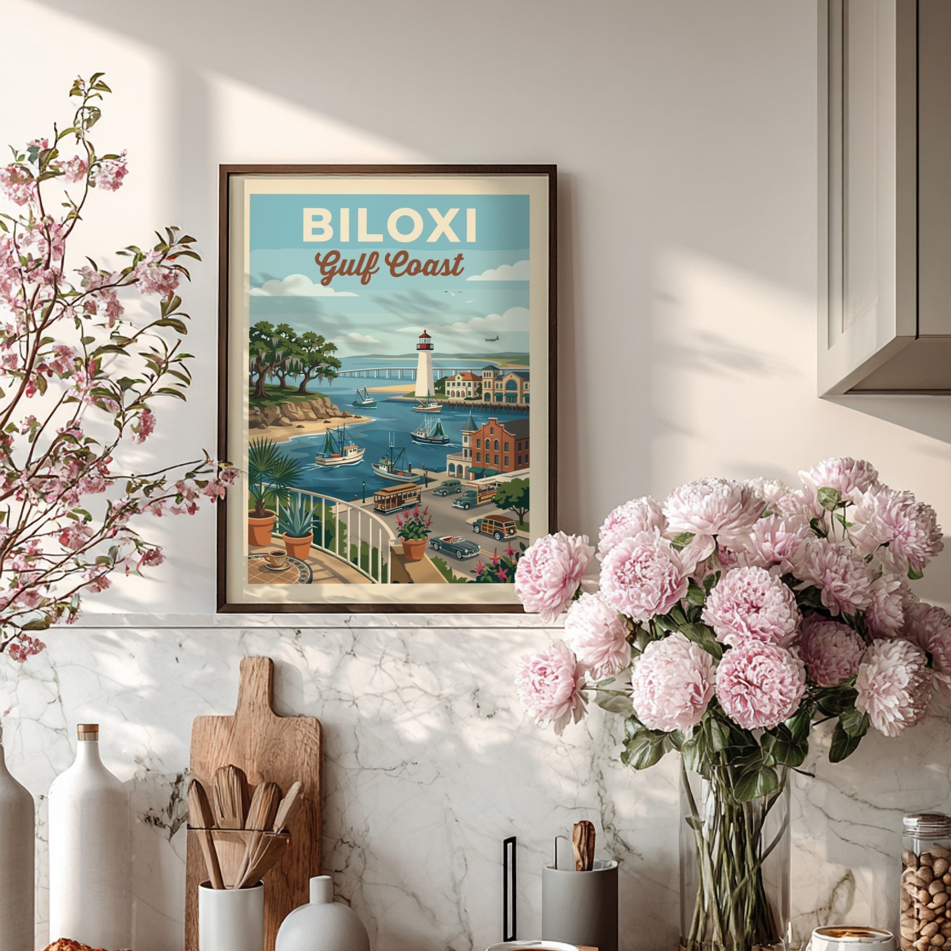 Vintage Biloxi Gulf Coast travel poster featuring a lighthouse, boats, and coastal town in a retro style.