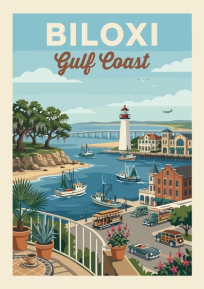 Vintage Biloxi Gulf Coast travel poster featuring a lighthouse, boats, and coastal town in a retro style.