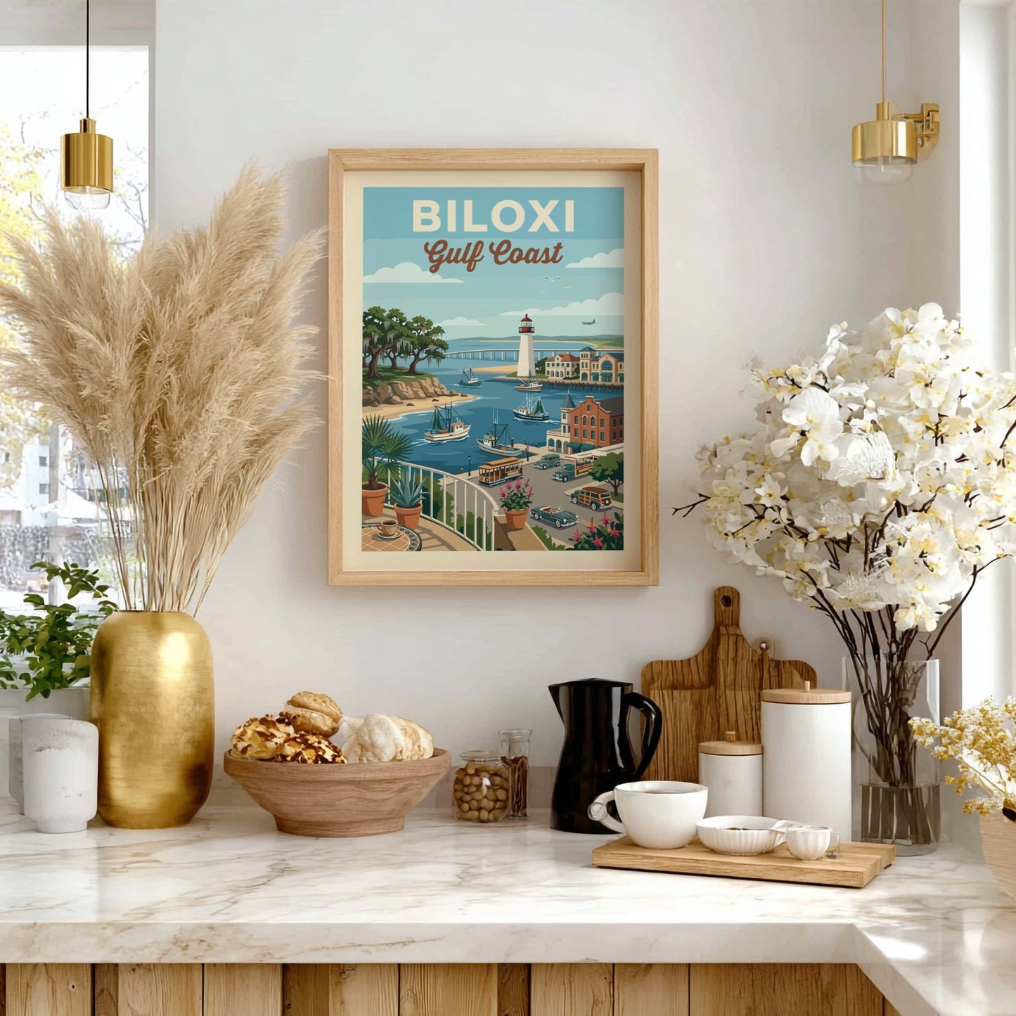 Vintage Biloxi Gulf Coast travel poster featuring a lighthouse, boats, and coastal town in a retro style.