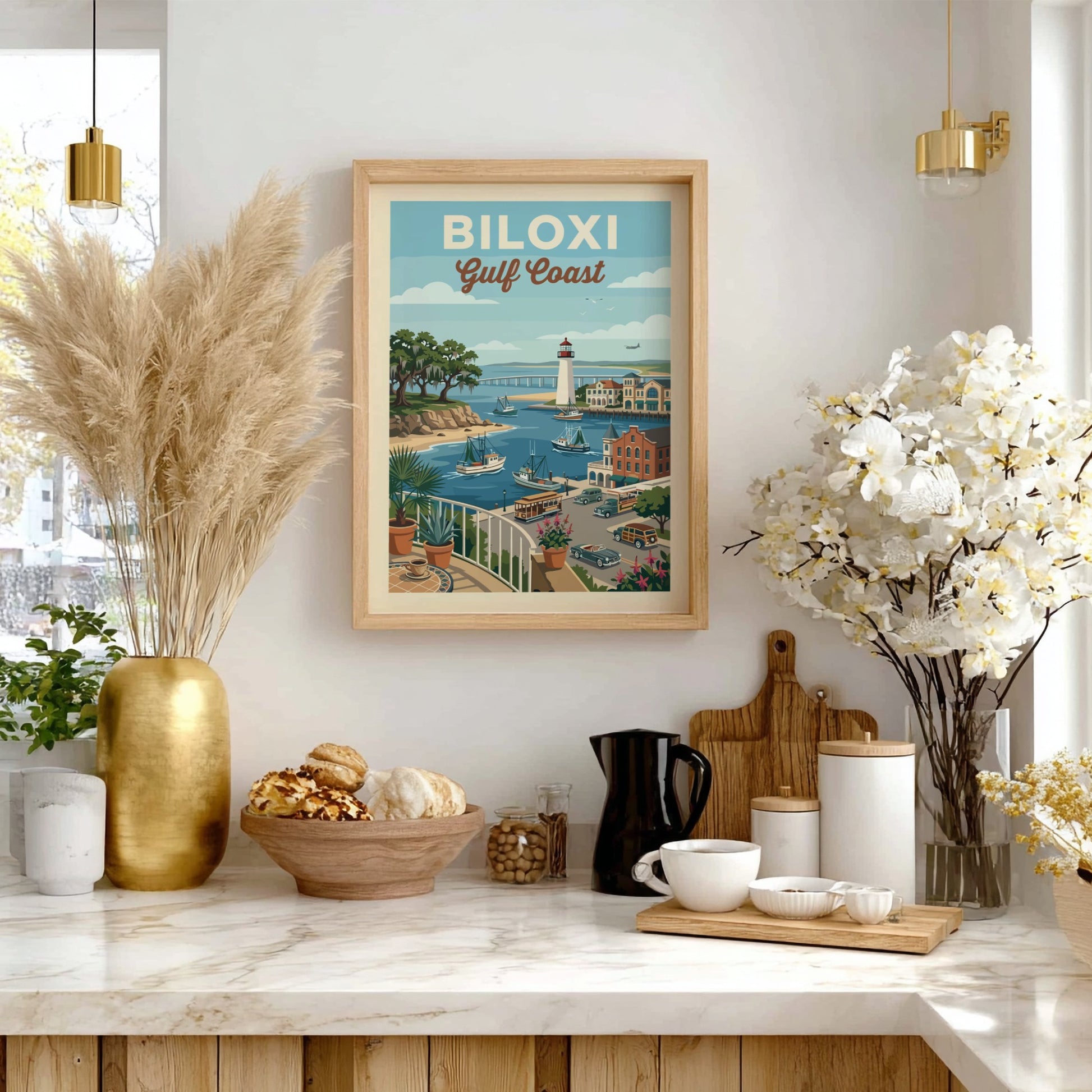 Vintage Biloxi Gulf Coast travel poster featuring a lighthouse, boats, and coastal town in a retro style.