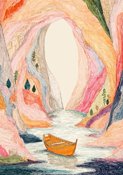 Poster of a colorful, textured sea cave with a boat on the water, in a mystical landscape style.