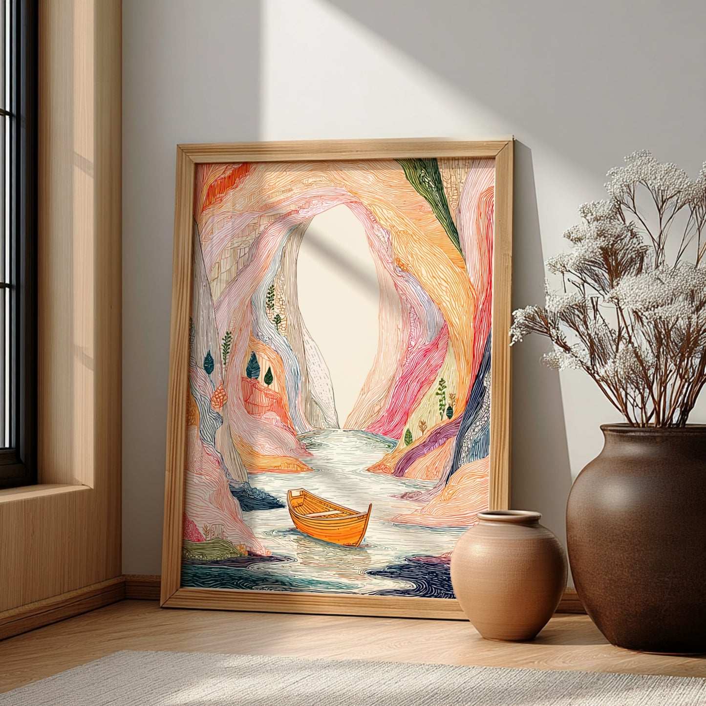 Poster of a colorful, textured sea cave with a boat on the water, in a mystical landscape style.
