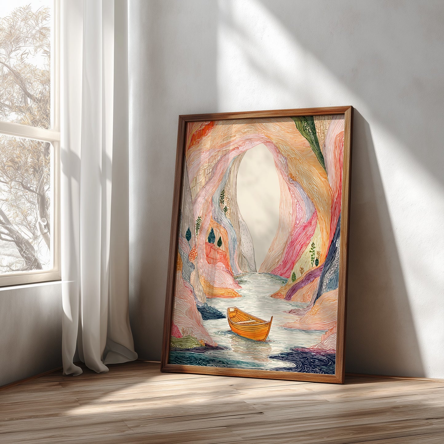Poster of a colorful, textured sea cave with a boat on the water, in a mystical landscape style.